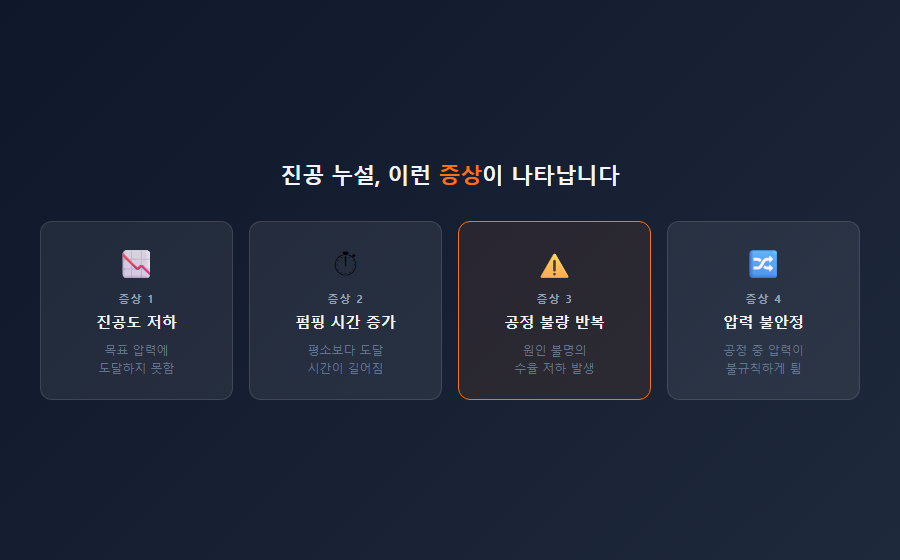진공 누설 증상 4가지 — 진공도 저하·펌핑 시간 증가·공정 불량·압력 불안정